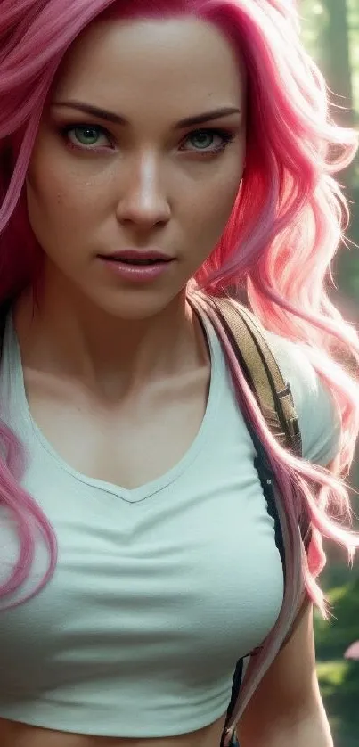 Fantasy character with pink hair in forest.