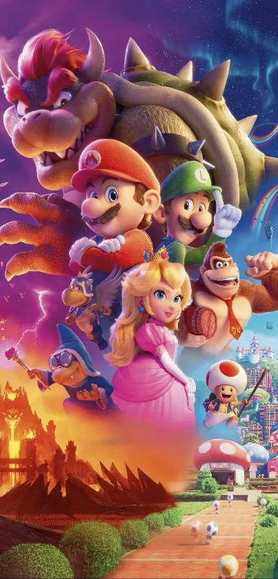 Colorful fantasy adventure mobile wallpaper with iconic characters and epic scenery.