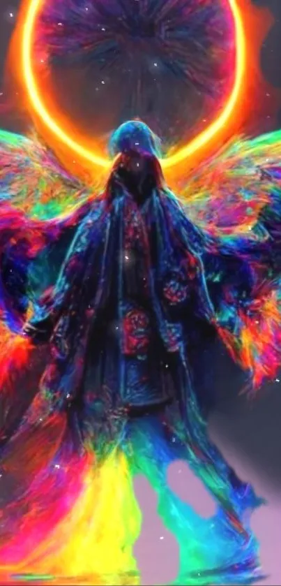 Colorful fantasy angel with vibrant wings, glowing aura, and celestial background.