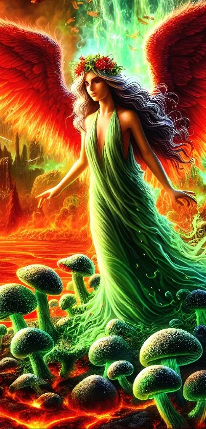 Fantasy angel with red wings and green dress in a vibrant landscape.