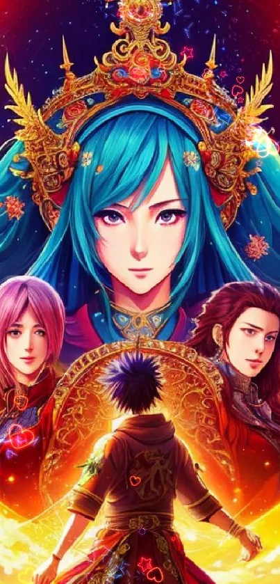 Colorful anime fantasy wallpaper with ethereal characters and ornate crown.