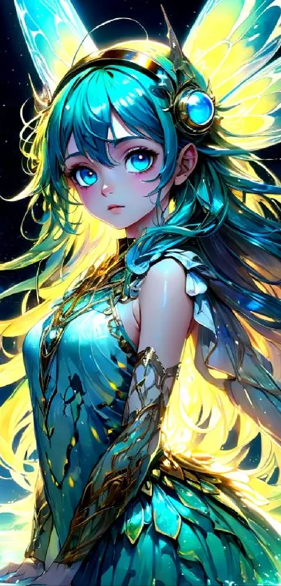 Anime fairy with vibrant teal and yellow colors in a fantasy setting.