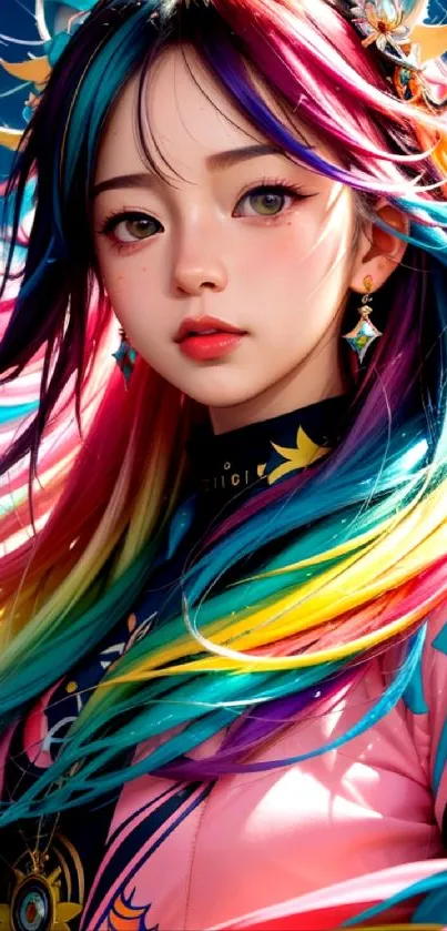 Anime girl with vibrant rainbow hair in a fantasy art style.