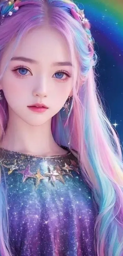 Anime-inspired wallpaper with pastel hair and rainbow backdrop.