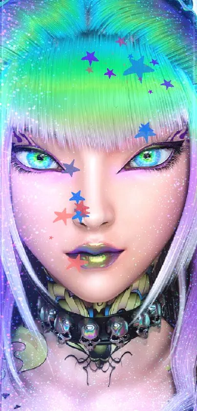 Vibrant anime character with neon hair and colorful eyes in fantasy setting.