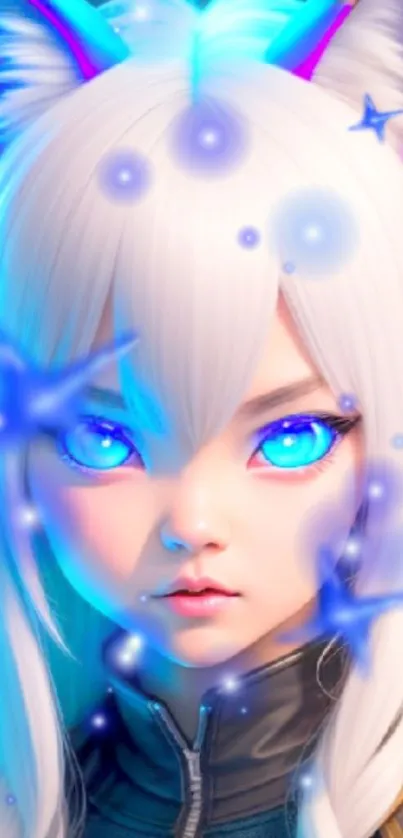 Anime character with blue eyes and glowing fantasy elements.