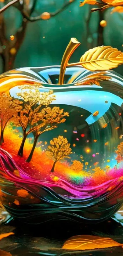 Vibrant apple art with colorful trees and leaves in surreal style.