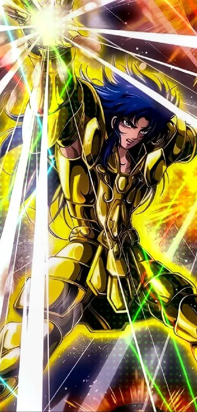 Anime hero in golden armor with explosive cosmic backdrop.