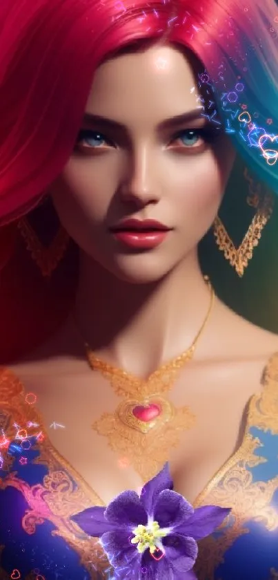 Vibrant woman with colorful hair and ornate gown.