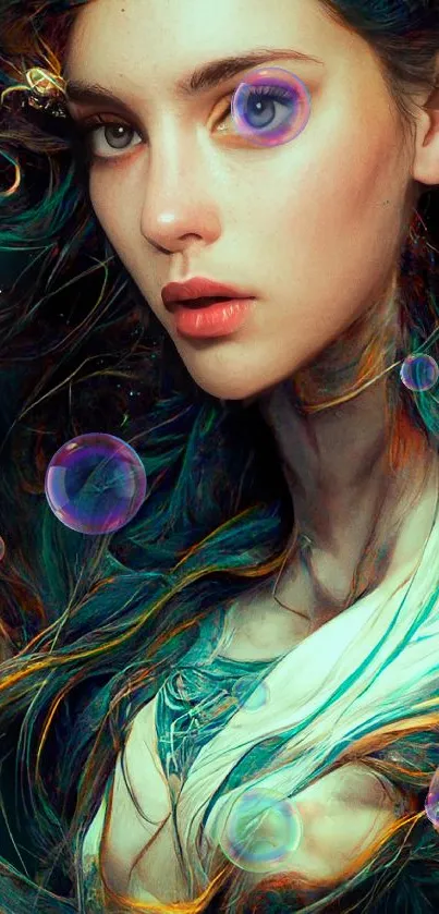 Colorful fantasy art wallpaper with vibrant portrait and bubbles.