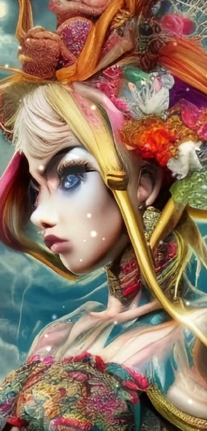 Fantasy art wallpaper with vibrant, colorful character and intricate designs.