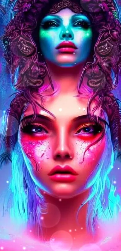 Vibrant neon fantasy art with ethereal faces.