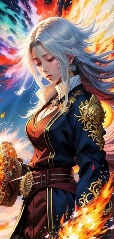 Vibrant fantasy art wallpaper with a mystical character and fiery colors.