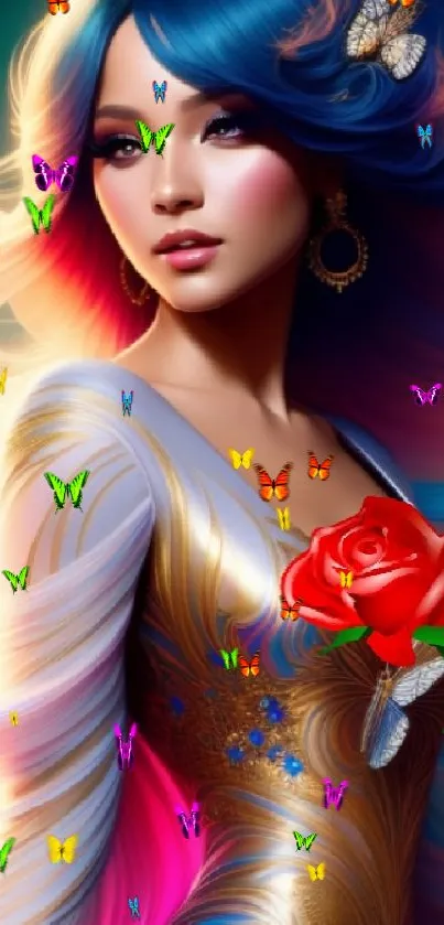 Fantasy art wallpaper featuring a colorful woman with flowing hair and butterflies.