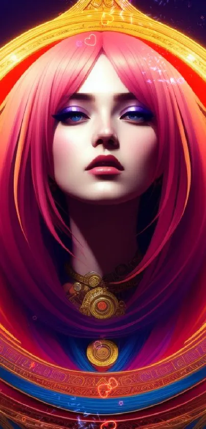 Mystical woman with vibrant colors and golden patterns in fantasy art.