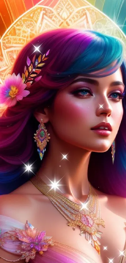 Vibrant fantasy art of a colorful woman with ethereal elements.