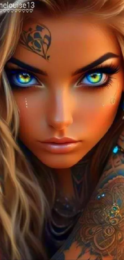 Intricate fantasy portrait with tattoos and vibrant colors.