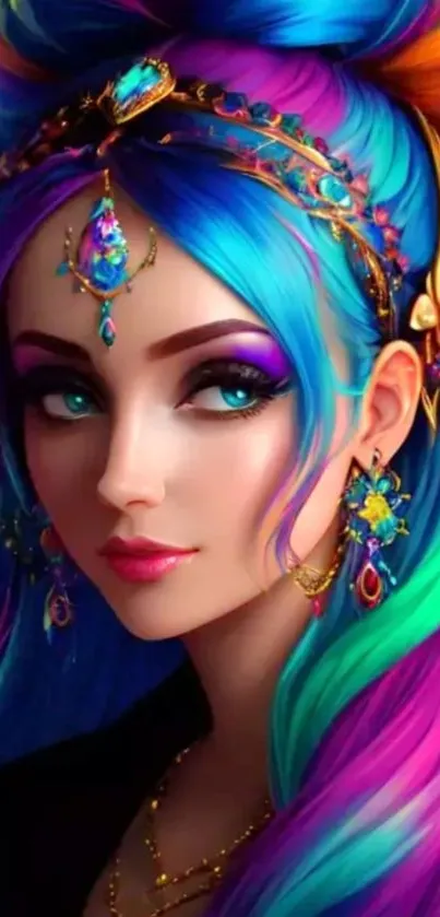 Vibrant fantasy art portrait with colorful hair and ornate jewelry.