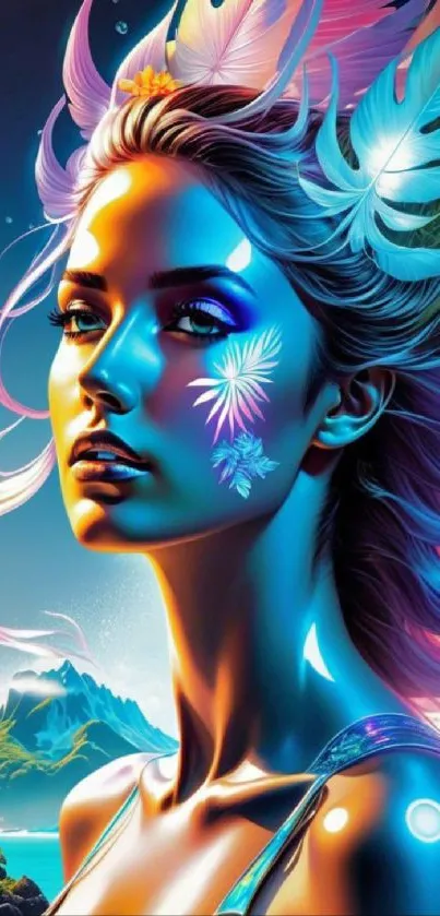 A vibrant fantasy portrait with colorful, ethereal elements.