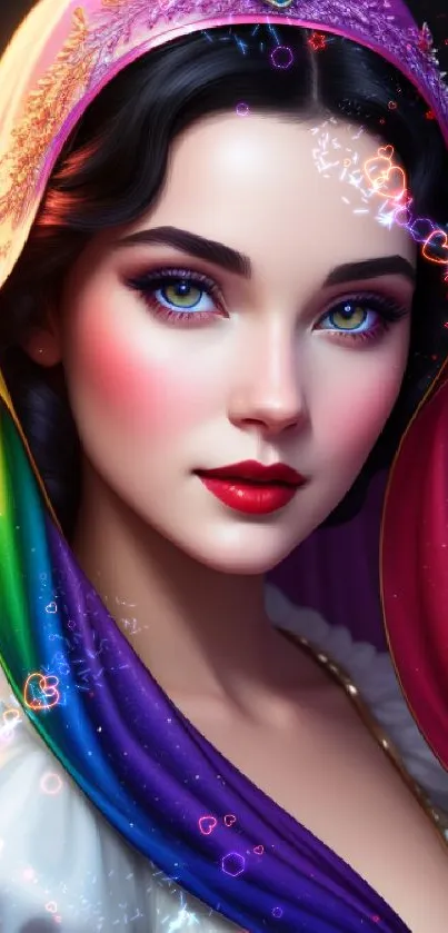 Fantasy art portrait with rainbow headscarf and vibrant colors.