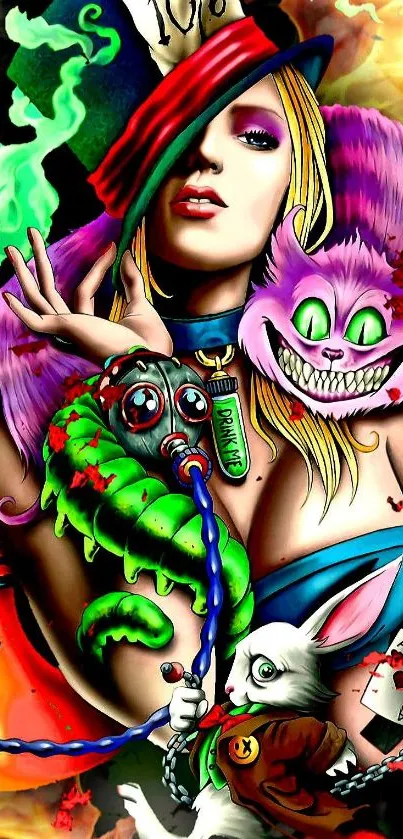 Fantasy art wallpaper with vibrant colors and surreal elements, including a Cheshire cat.