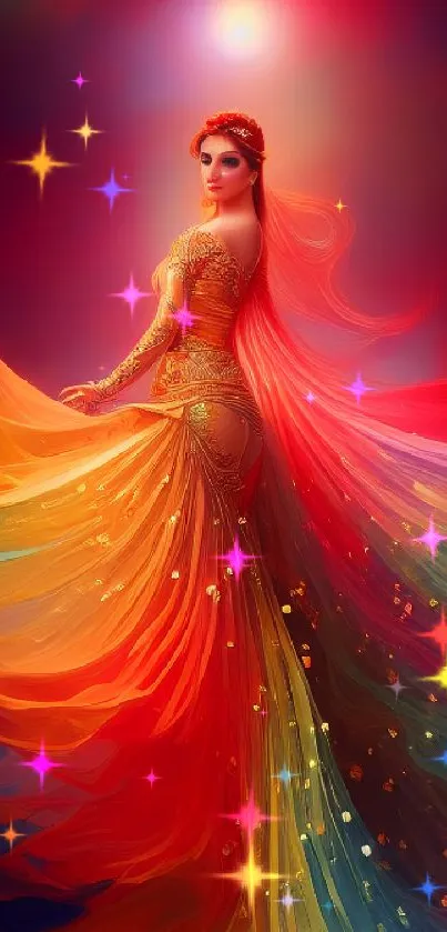 Vibrant fantasy art with colorful flowing gown.