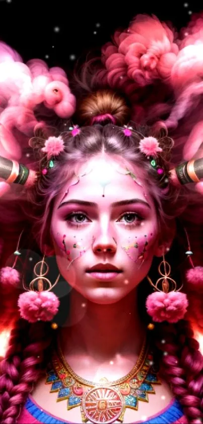 Vibrant fantasy portrait with pink hues for mobile wallpaper.