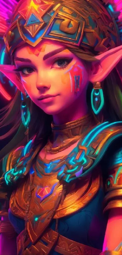 Ethereal character in vibrant neon fantasy art with intricate details.