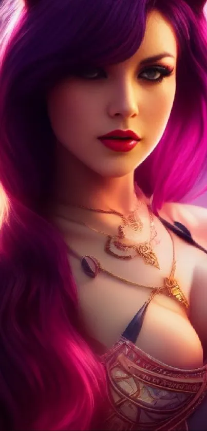 Character with vivid purple hair on a mystical fantasy art background.