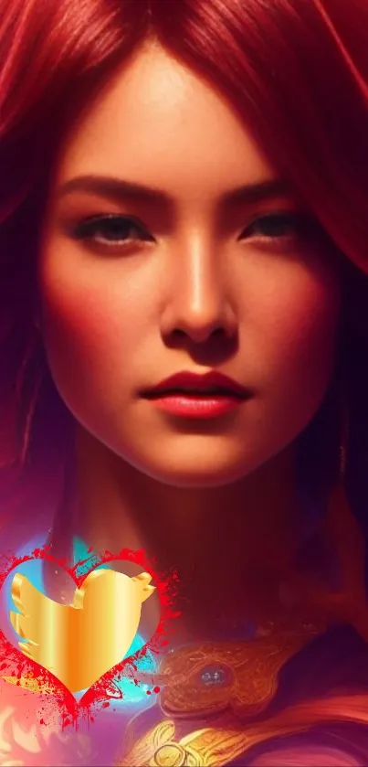 Fantasy art wallpaper with a red-haired woman and heart symbol.