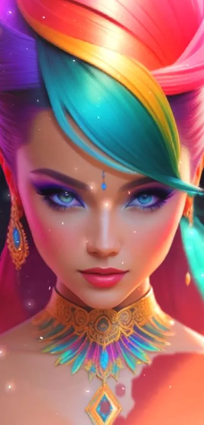 Fantasy character with vibrant rainbow hair and mystical jewelry.