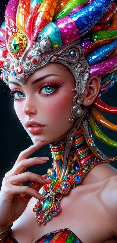 Colorful fantasy character with intricate headgear and jewelry.