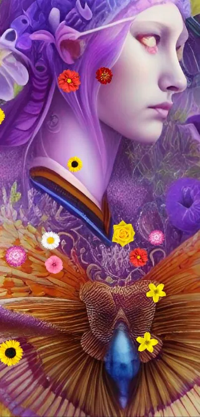 Fantasy art wallpaper with purple hues and ethereal character design.