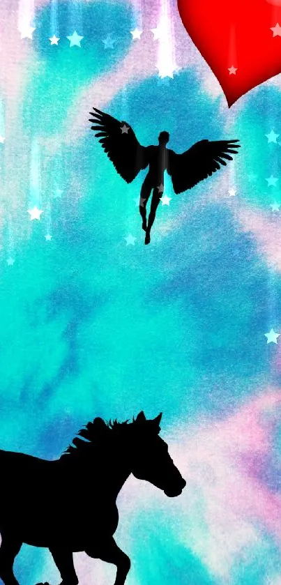 Silhouette of an angel and horse with a heart on a turquoise tie-dye background.