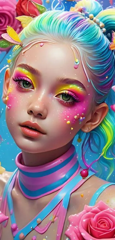Vibrant fantasy art wallpaper with colorful floral elements.