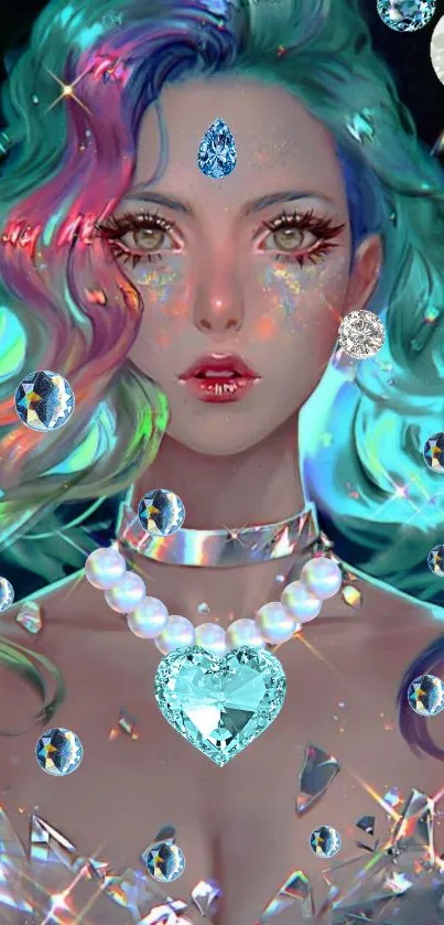 Fantasy art wallpaper with colorful character and jewels in vibrant hues.