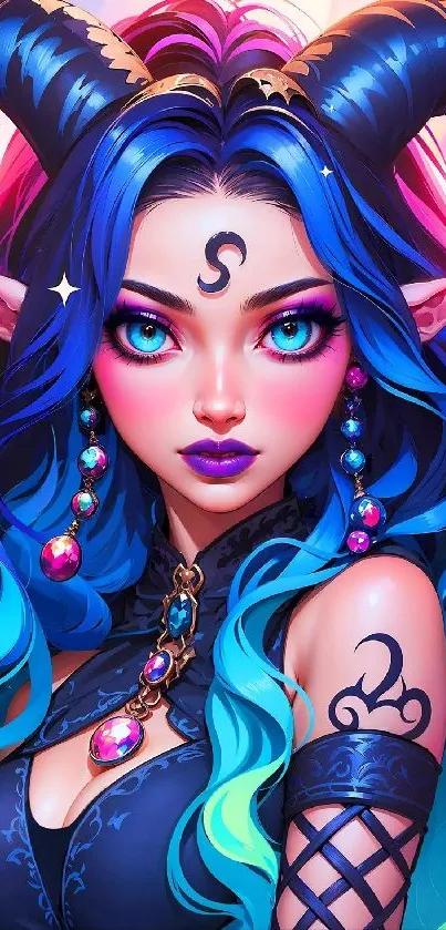 Fantasy artwork of a mystical woman with horns and vibrant colorful hair.