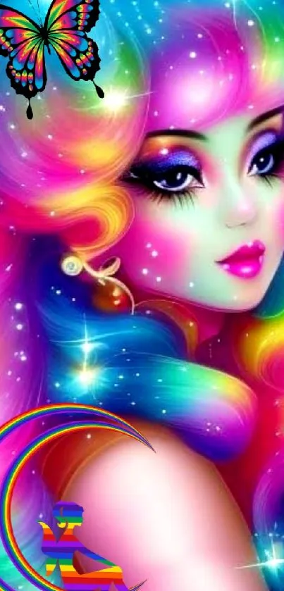 Colorful fantasy portrait with butterfly and vibrant hues, perfect for a mobile background.