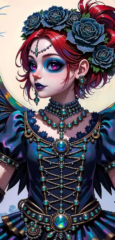 Fantasy art of a woman with flowers and jewelry in vivid colors.