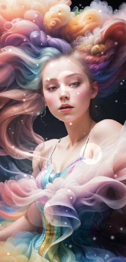 Fantasy art wallpaper with vibrant, swirling colors enveloping a serene figure.