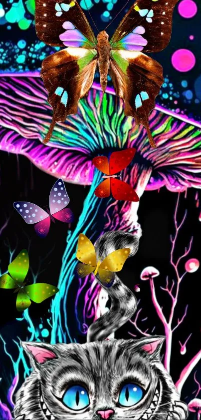 Vibrant fantasy wallpaper with butterflies, mushroom, and cat design.