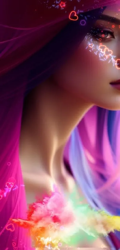 Fantasy artwork with vibrant colorful hair and dreamy hues.