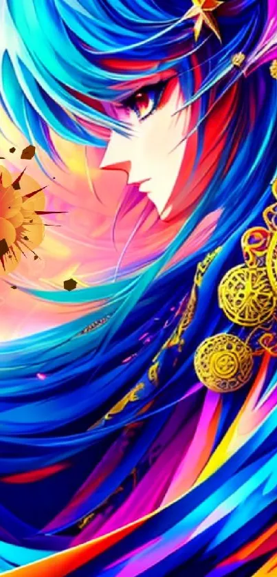 Vibrant fantasy art with colorful hair and intricate patterns.