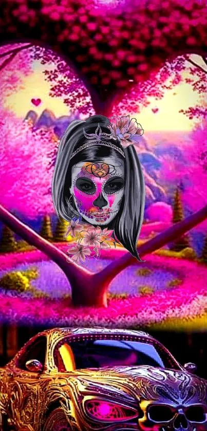 Fantasy wallpaper with sugar skull mask and vibrant pink hues.