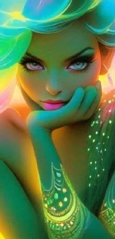 Vibrant fantasy figure with colorful hair in digital art wallpaper.