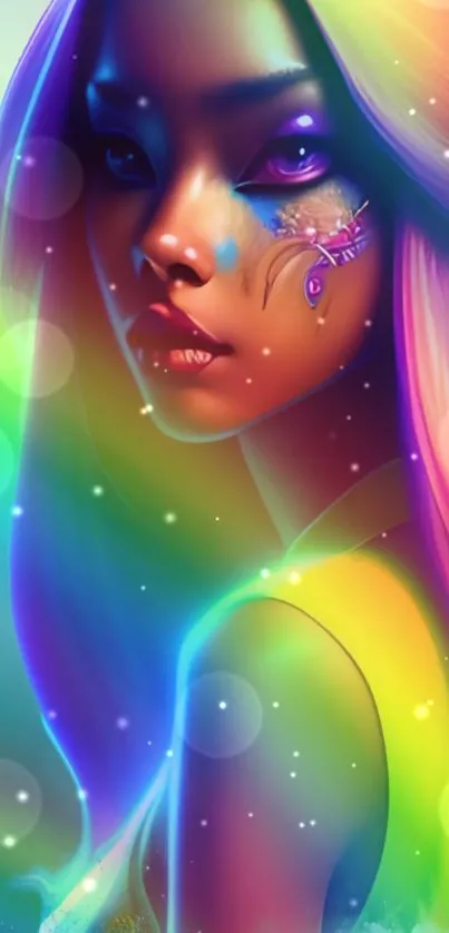 Vibrant fantasy wallpaper with colorful ethereal figure and neon accents.