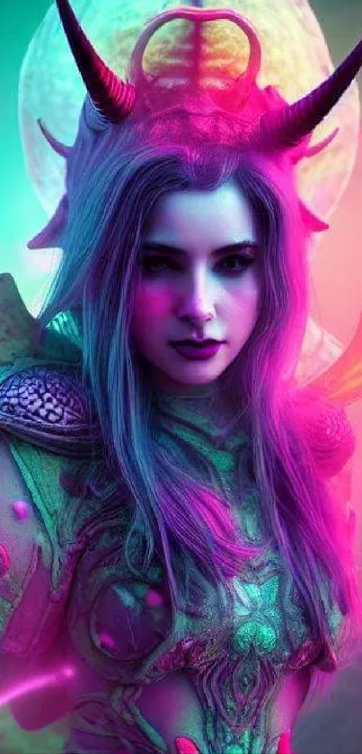 Vibrant fantasy art of a mystical female character in neon colors.