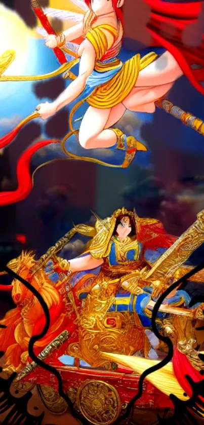 Fantasy warriors in vibrant gold and red artwork wallpaper.