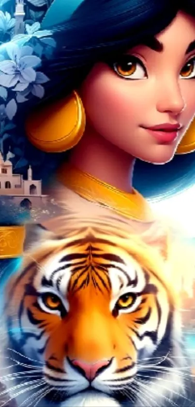 Vibrant fantasy artwork with a character and tiger.