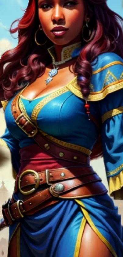 Dynamic fantasy heroine in vibrant blue attire.